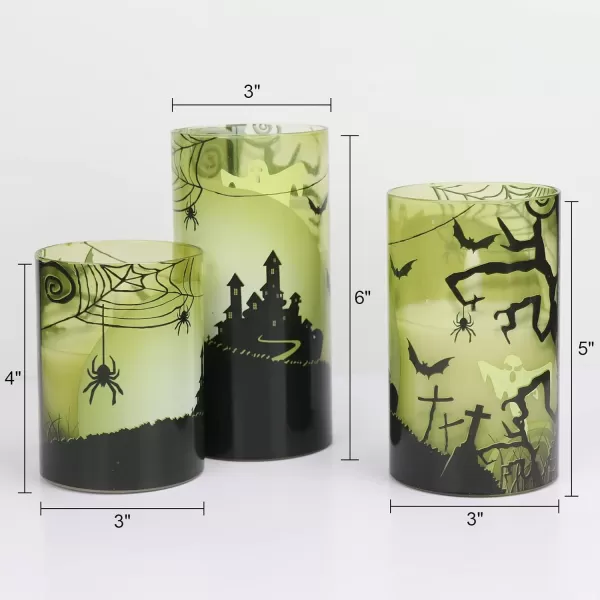 Eldnacele Halloween Flameless Candles LED Flickering Battery Pillar Candles with 6H Timer and Pumpkin Decals Spooky Fall Halloween Festival Party Decoration Set of 3 D 3 x H 4 5 6FGreen