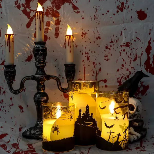 Eldnacele Halloween Flameless Candles LED Flickering Battery Pillar Candles with 6H Timer and Pumpkin Decals Spooky Fall Halloween Festival Party Decoration Set of 3 D 3 x H 4 5 6FGreen
