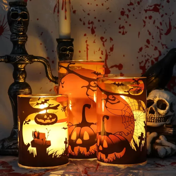 Eldnacele Halloween Flameless Candles LED Flickering Battery Pillar Candles with 6H Timer and Pumpkin Decals Spooky Fall Halloween Festival Party Decoration Set of 3 D 3 x H 4 5 6DOrange