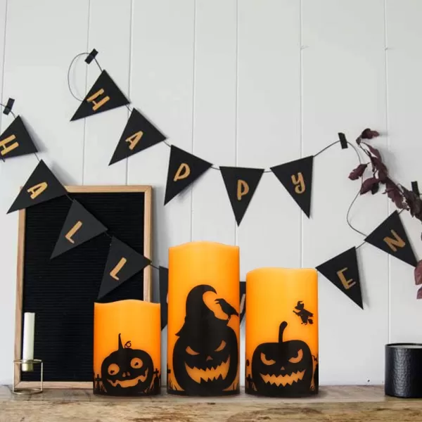 Eldnacele Halloween Flameless Candles LED Flickering Battery Pillar Candles with 6H Timer and Pumpkin Decals Spooky Fall Halloween Festival Party Decoration Set of 3 D 3 x H 4 5 6BPumpkin