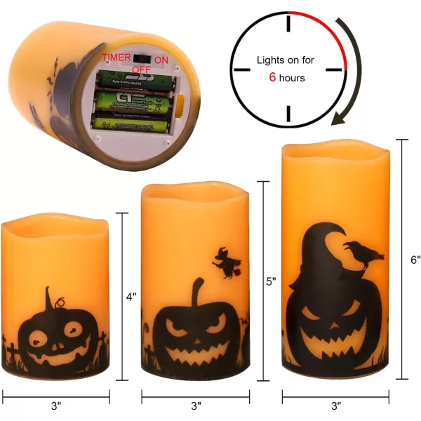 Eldnacele Halloween Flameless Candles LED Flickering Battery Pillar Candles with 6H Timer and Pumpkin Decals Spooky Fall Halloween Festival Party Decoration Set of 3 D 3 x H 4 5 6BPumpkin