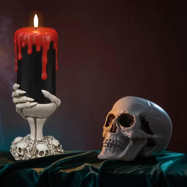 Eldnacele Halloween Flameless Candles LED Flickering Battery Pillar Candles with 6H Timer and Pumpkin Decals Spooky Fall Halloween Festival Party Decoration Set of 3 D 3 x H 4 5 6CSkeleton Hand