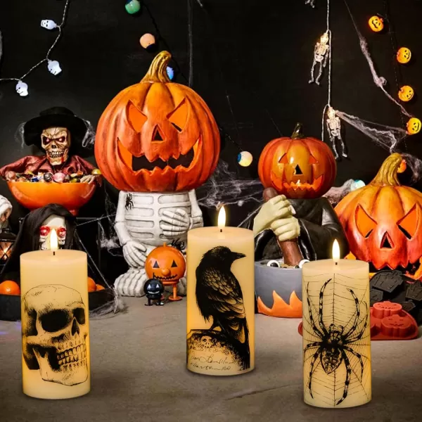 Eldnacele Halloween Flameless Candles LED Flickering Battery Pillar Candles with 6H Timer and Pumpkin Decals Spooky Fall Halloween Festival Party Decoration Set of 3 D 3 x H 4 5 6HSkull with Remote