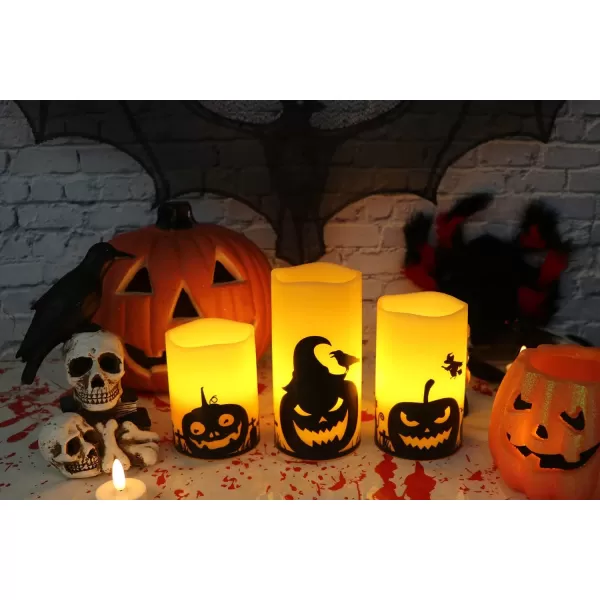 Eldnacele Halloween Flameless Candles LED Flickering Battery Pillar Candles with 6H Timer and Pumpkin Decals Spooky Fall Halloween Festival Party Decoration Set of 3 D 3 x H 4 5 6BPumpkin