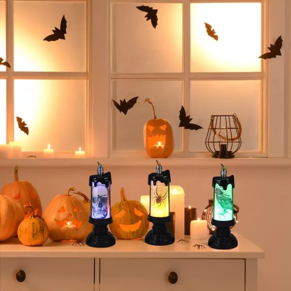 Eldnacele Halloween Flameless Candles LED Flickering Battery Pillar Candles with 6H Timer and Pumpkin Decals Spooky Fall Halloween Festival Party Decoration Set of 3 D 3 x H 4 5 6BSkull Lights