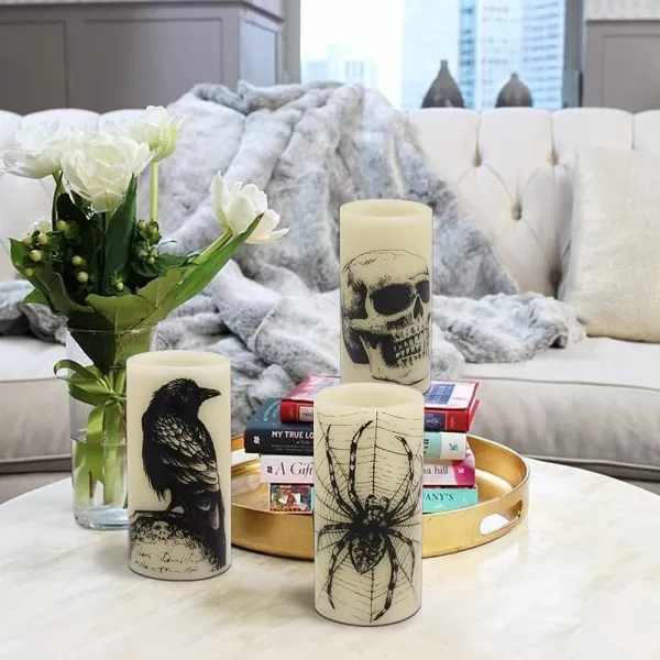 Eldnacele Halloween Flameless Candles LED Flickering Battery Pillar Candles with 6H Timer and Pumpkin Decals Spooky Fall Halloween Festival Party Decoration Set of 3 D 3 x H 4 5 6ASkull