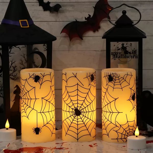Eldnacele Halloween Flameless Candles LED Flickering Battery Pillar Candles with 6H Timer and Pumpkin Decals Spooky Fall Halloween Festival Party Decoration Set of 3 D 3 x H 4 5 6Ivory