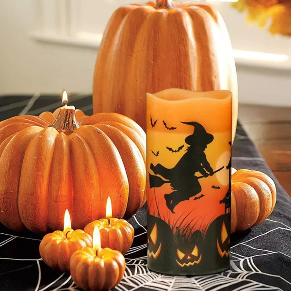 Eldnacele Halloween Flameless Candles LED Flickering Battery Pillar Candles with 6H Timer and Pumpkin Decals Spooky Fall Halloween Festival Party Decoration Set of 3 D 3 x H 4 5 6CWitch