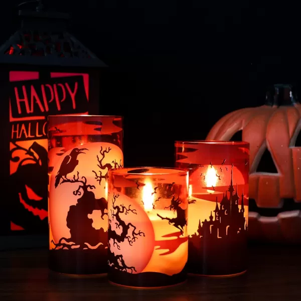 Eldnacele Halloween Flameless Candles LED Flickering Battery Pillar Candles with 6H Timer and Pumpkin Decals Spooky Fall Halloween Festival Party Decoration Set of 3 D 3 x H 4 5 6ERed