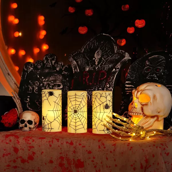 Eldnacele Halloween Flameless Candles LED Flickering Battery Pillar Candles with 6H Timer and Pumpkin Decals Spooky Fall Halloween Festival Party Decoration Set of 3 D 3 x H 4 5 6Ivory
