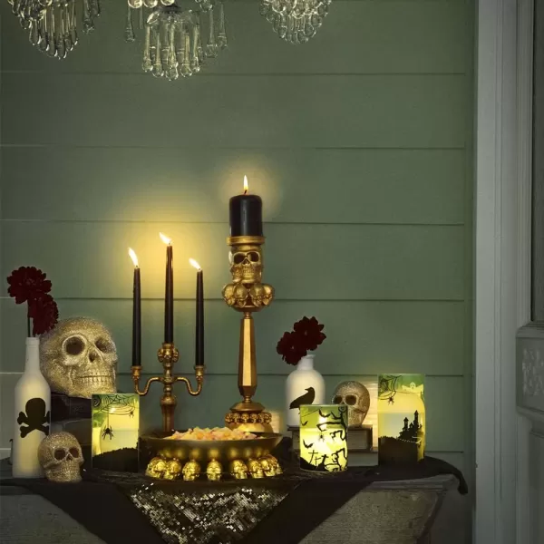 Eldnacele Halloween Flameless Candles LED Flickering Battery Pillar Candles with 6H Timer and Pumpkin Decals Spooky Fall Halloween Festival Party Decoration Set of 3 D 3 x H 4 5 6FGreen
