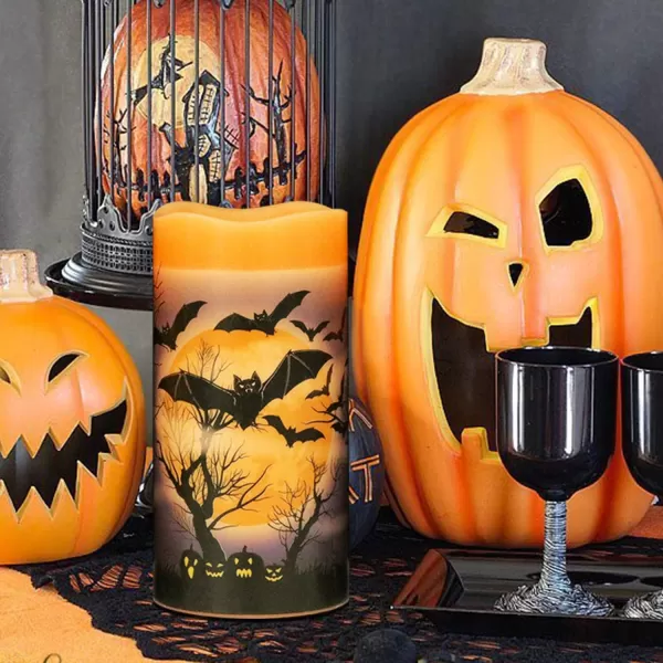 Eldnacele Halloween Flameless Candles LED Flickering Battery Pillar Candles with 6H Timer and Pumpkin Decals Spooky Fall Halloween Festival Party Decoration Set of 3 D 3 x H 4 5 6CWitch