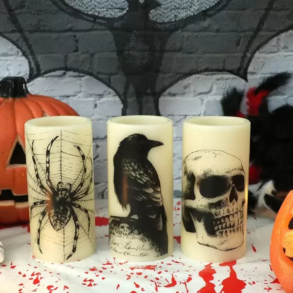 Eldnacele Halloween Flameless Candles LED Flickering Battery Pillar Candles with 6H Timer and Pumpkin Decals Spooky Fall Halloween Festival Party Decoration Set of 3 D 3 x H 4 5 6ASkull