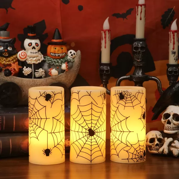 Eldnacele Halloween Flameless Candles LED Flickering Battery Pillar Candles with 6H Timer and Pumpkin Decals Spooky Fall Halloween Festival Party Decoration Set of 3 D 3 x H 4 5 6Ivory