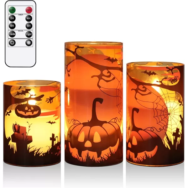 Eldnacele Halloween Flameless Candles LED Flickering Battery Pillar Candles with 6H Timer and Pumpkin Decals Spooky Fall Halloween Festival Party Decoration Set of 3 D 3 x H 4 5 6DOrange