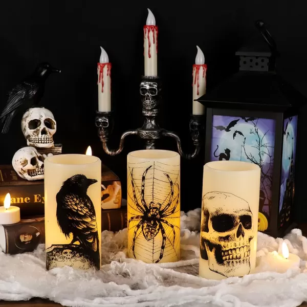 Eldnacele Halloween Flameless Candles LED Flickering Battery Pillar Candles with 6H Timer and Pumpkin Decals Spooky Fall Halloween Festival Party Decoration Set of 3 D 3 x H 4 5 6ASkull