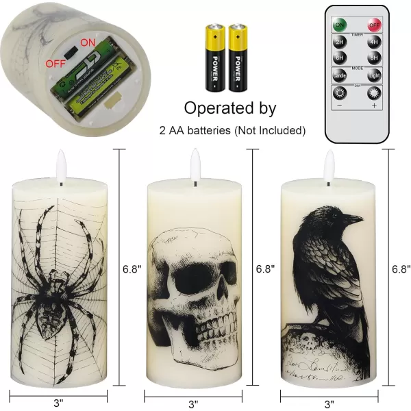 Eldnacele Halloween Flameless Candles LED Flickering Battery Pillar Candles with 6H Timer and Pumpkin Decals Spooky Fall Halloween Festival Party Decoration Set of 3 D 3 x H 4 5 6HSkull with Remote