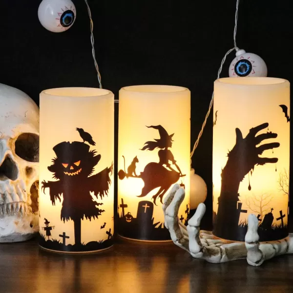 Eldnacele Halloween Flameless Candles LED Flickering Battery Pillar Candles with 6H Timer and Pumpkin Decals Spooky Fall Halloween Festival Party Decoration Set of 3 D 3 x H 4 5 6GIVORY