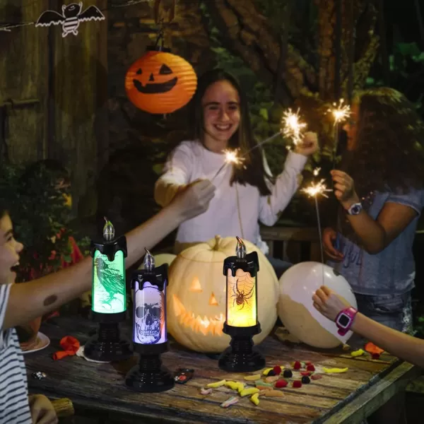 Eldnacele Halloween Flameless Candles LED Flickering Battery Pillar Candles with 6H Timer and Pumpkin Decals Spooky Fall Halloween Festival Party Decoration Set of 3 D 3 x H 4 5 6BSkull Lights