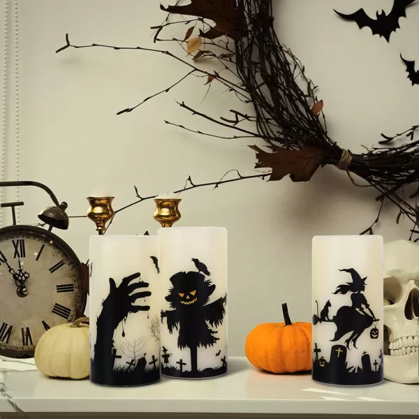 Eldnacele Halloween Flameless Candles LED Flickering Battery Pillar Candles with 6H Timer and Pumpkin Decals Spooky Fall Halloween Festival Party Decoration Set of 3 D 3 x H 4 5 6GIVORY