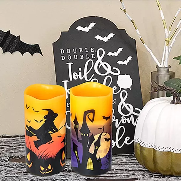 Eldnacele Halloween Flameless Candles LED Flickering Battery Pillar Candles with 6H Timer and Pumpkin Decals Spooky Fall Halloween Festival Party Decoration Set of 3 D 3 x H 4 5 6CWitch