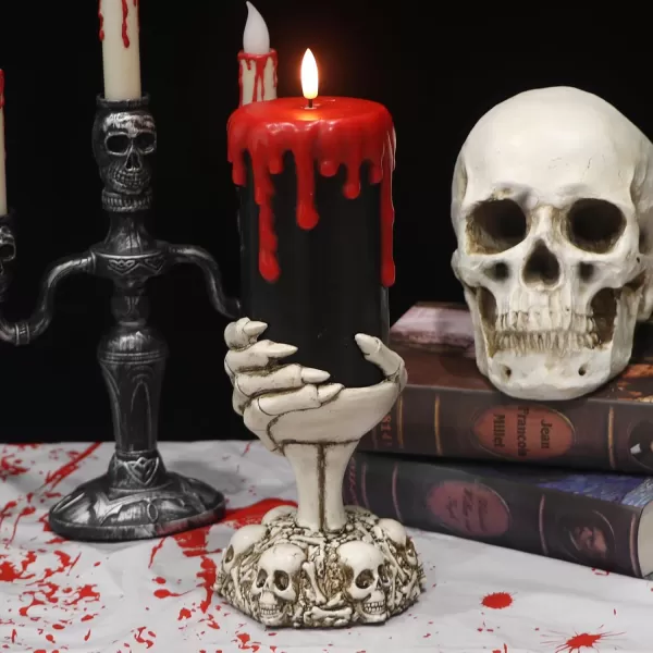 Eldnacele Halloween Flameless Candles LED Flickering Battery Pillar Candles with 6H Timer and Pumpkin Decals Spooky Fall Halloween Festival Party Decoration Set of 3 D 3 x H 4 5 6CSkeleton Hand