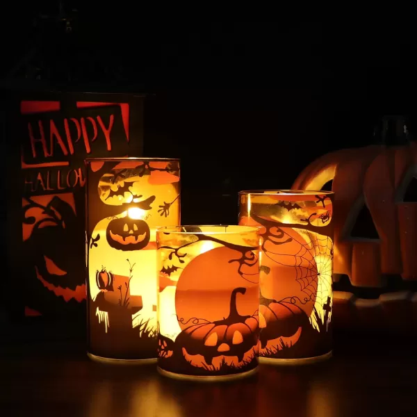 Eldnacele Halloween Flameless Candles LED Flickering Battery Pillar Candles with 6H Timer and Pumpkin Decals Spooky Fall Halloween Festival Party Decoration Set of 3 D 3 x H 4 5 6DOrange