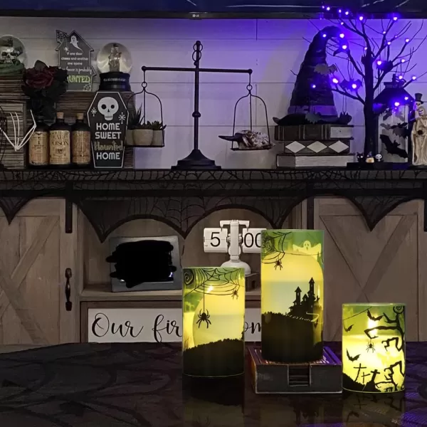 Eldnacele Halloween Flameless Candles LED Flickering Battery Pillar Candles with 6H Timer and Pumpkin Decals Spooky Fall Halloween Festival Party Decoration Set of 3 D 3 x H 4 5 6FGreen