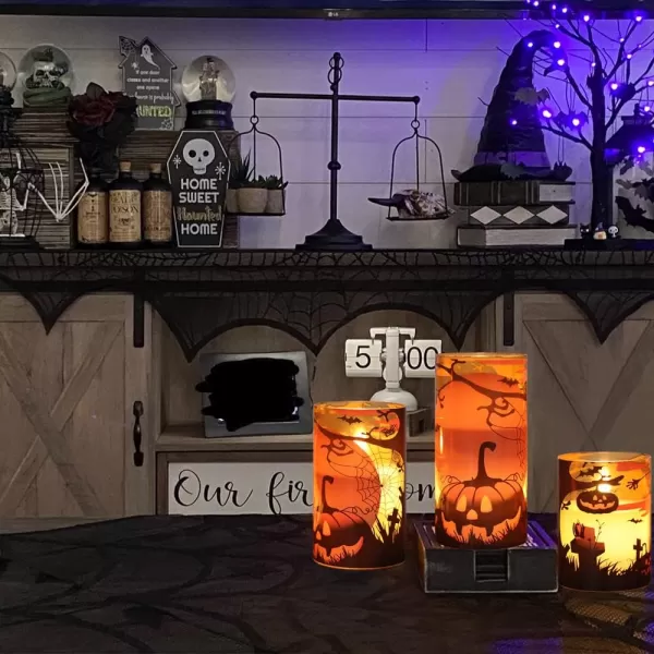 Eldnacele Halloween Flameless Candles LED Flickering Battery Pillar Candles with 6H Timer and Pumpkin Decals Spooky Fall Halloween Festival Party Decoration Set of 3 D 3 x H 4 5 6DOrange