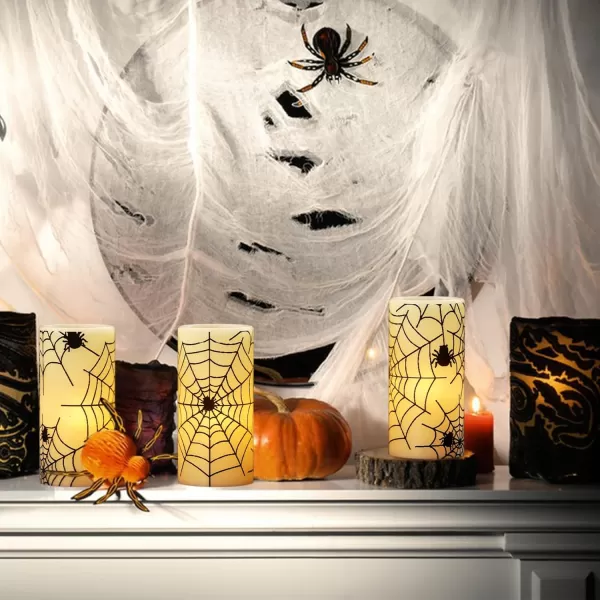 Eldnacele Halloween Flameless Candles LED Flickering Battery Pillar Candles with 6H Timer and Pumpkin Decals Spooky Fall Halloween Festival Party Decoration Set of 3 D 3 x H 4 5 6Ivory