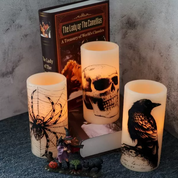 Eldnacele Halloween Flameless Candles LED Flickering Battery Pillar Candles with 6H Timer and Pumpkin Decals Spooky Fall Halloween Festival Party Decoration Set of 3 D 3 x H 4 5 6ASkull