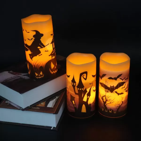 Eldnacele Halloween Flameless Candles LED Flickering Battery Pillar Candles with 6H Timer and Pumpkin Decals Spooky Fall Halloween Festival Party Decoration Set of 3 D 3 x H 4 5 6CWitch