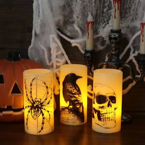 Eldnacele Halloween Flameless Candles LED Flickering Battery Pillar Candles with 6H Timer and Pumpkin Decals Spooky Fall Halloween Festival Party Decoration Set of 3 D 3 x H 4 5 6ASkull