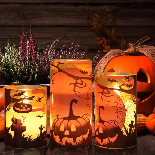 Eldnacele Halloween Flameless Candles LED Flickering Battery Pillar Candles with 6H Timer and Pumpkin Decals Spooky Fall Halloween Festival Party Decoration Set of 3 D 3 x H 4 5 6DOrange
