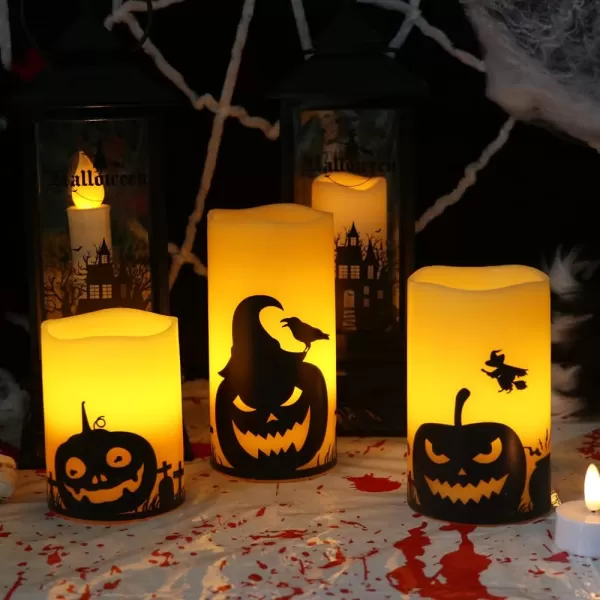 Eldnacele Halloween Flameless Candles LED Flickering Battery Pillar Candles with 6H Timer and Pumpkin Decals Spooky Fall Halloween Festival Party Decoration Set of 3 D 3 x H 4 5 6BPumpkin