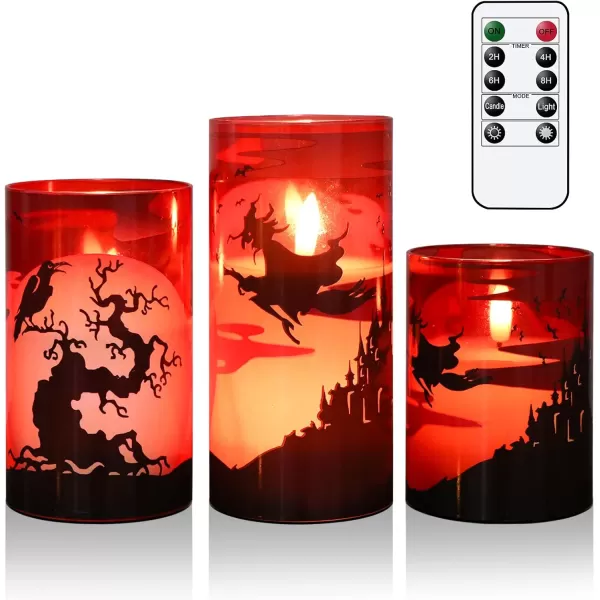 Eldnacele Halloween Flameless Candles LED Flickering Battery Pillar Candles with 6H Timer and Pumpkin Decals Spooky Fall Halloween Festival Party Decoration Set of 3 D 3 x H 4 5 6ERed