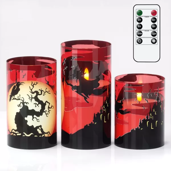 Eldnacele Halloween Flameless Candles LED Flickering Battery Pillar Candles with 6H Timer and Pumpkin Decals Spooky Fall Halloween Festival Party Decoration Set of 3 D 3 x H 4 5 6ERed