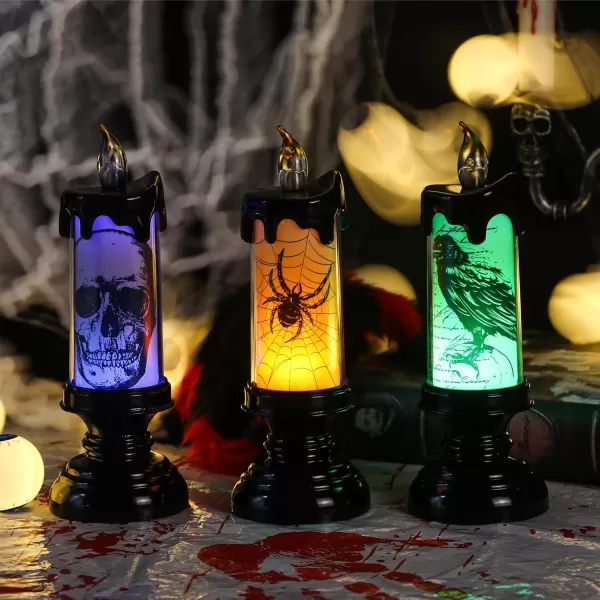 Eldnacele Halloween Flameless Candles LED Flickering Battery Pillar Candles with 6H Timer and Pumpkin Decals Spooky Fall Halloween Festival Party Decoration Set of 3 D 3 x H 4 5 6BSkull Lights