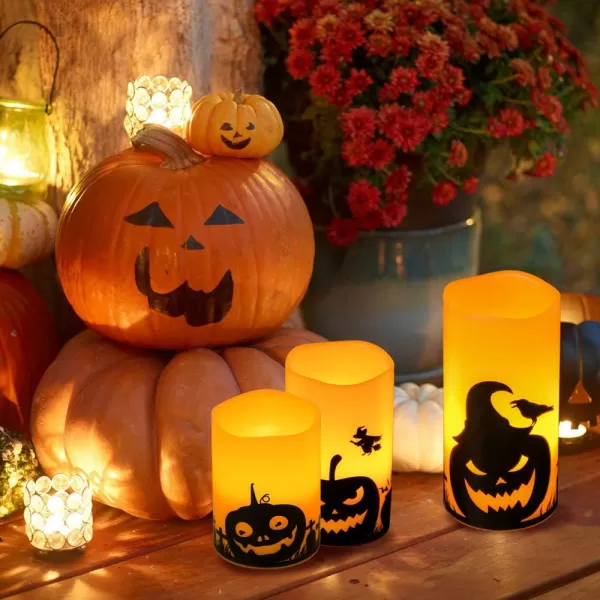 Eldnacele Halloween Flameless Candles LED Flickering Battery Pillar Candles with 6H Timer and Pumpkin Decals Spooky Fall Halloween Festival Party Decoration Set of 3 D 3 x H 4 5 6BPumpkin