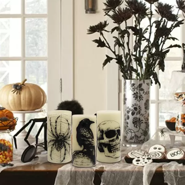 Eldnacele Halloween Flameless Candles LED Flickering Battery Pillar Candles with 6H Timer and Pumpkin Decals Spooky Fall Halloween Festival Party Decoration Set of 3 D 3 x H 4 5 6ASkull