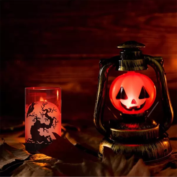 Eldnacele Halloween Flameless Candles LED Flickering Battery Pillar Candles with 6H Timer and Pumpkin Decals Spooky Fall Halloween Festival Party Decoration Set of 3 D 3 x H 4 5 6ERed