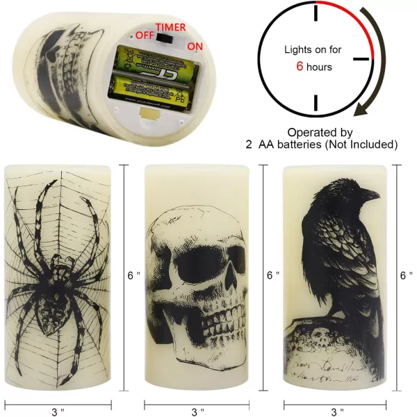 Eldnacele Halloween Flameless Candles LED Flickering Battery Pillar Candles with 6H Timer and Pumpkin Decals Spooky Fall Halloween Festival Party Decoration Set of 3 D 3 x H 4 5 6ASkull