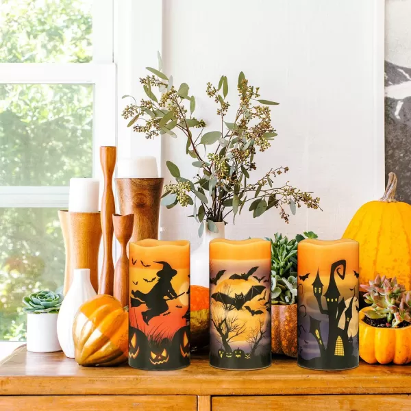 Eldnacele Halloween Flameless Candles LED Flickering Battery Pillar Candles with 6H Timer and Pumpkin Decals Spooky Fall Halloween Festival Party Decoration Set of 3 D 3 x H 4 5 6CWitch