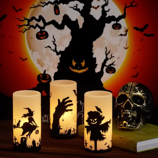 Eldnacele Halloween Flameless Candles LED Flickering Battery Pillar Candles with 6H Timer and Pumpkin Decals Spooky Fall Halloween Festival Party Decoration Set of 3 D 3 x H 4 5 6GIVORY