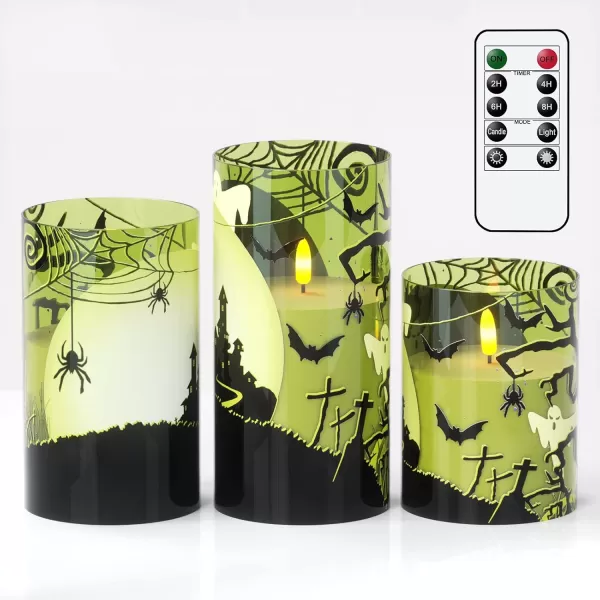 Eldnacele Halloween Flameless Candles LED Flickering Battery Pillar Candles with 6H Timer and Pumpkin Decals Spooky Fall Halloween Festival Party Decoration Set of 3 D 3 x H 4 5 6FGreen