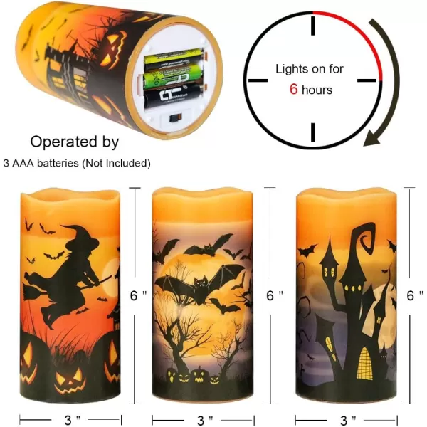 Eldnacele Halloween Flameless Candles LED Flickering Battery Pillar Candles with 6H Timer and Pumpkin Decals Spooky Fall Halloween Festival Party Decoration Set of 3 D 3 x H 4 5 6CWitch