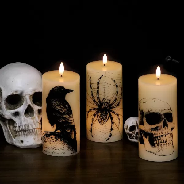 Eldnacele Halloween Flameless Candles LED Flickering Battery Pillar Candles with 6H Timer and Pumpkin Decals Spooky Fall Halloween Festival Party Decoration Set of 3 D 3 x H 4 5 6HSkull with Remote