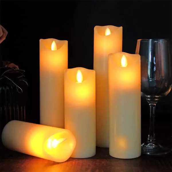 Eldnacele LED Flameless Flickering Candles with Remote Timer Warm White Battery Operated Wax LED Pillar Candles Set of 5 Realistic Flame for Decoration 22quot X 5quot6quot 7quot 8quot 9quot