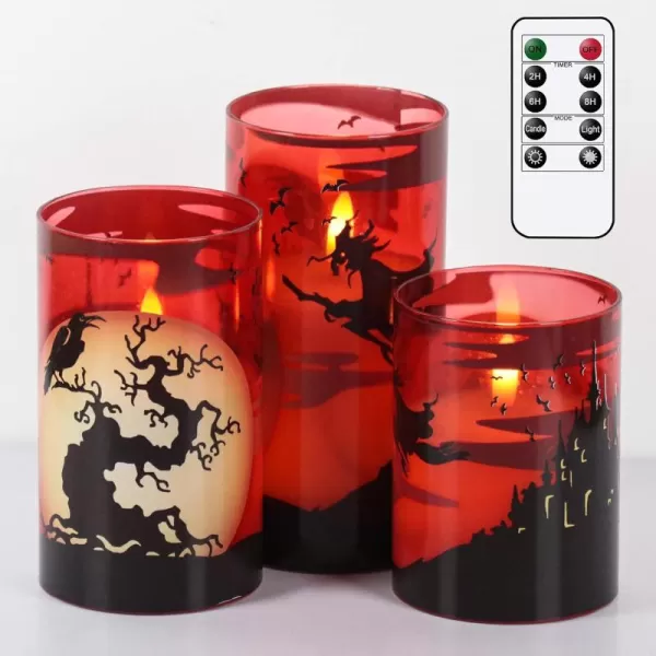 Eldnacele Halloween Flameless Candles LED Flickering Battery Pillar Candles with 6H Timer and Pumpkin Decals Spooky Fall Halloween Festival Party Decoration Set of 3 D 3 x H 4 5 6ERed