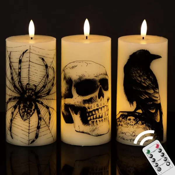 Eldnacele Halloween Flameless Candles LED Flickering Battery Pillar Candles with 6H Timer and Pumpkin Decals Spooky Fall Halloween Festival Party Decoration Set of 3 D 3 x H 4 5 6HSkull with Remote